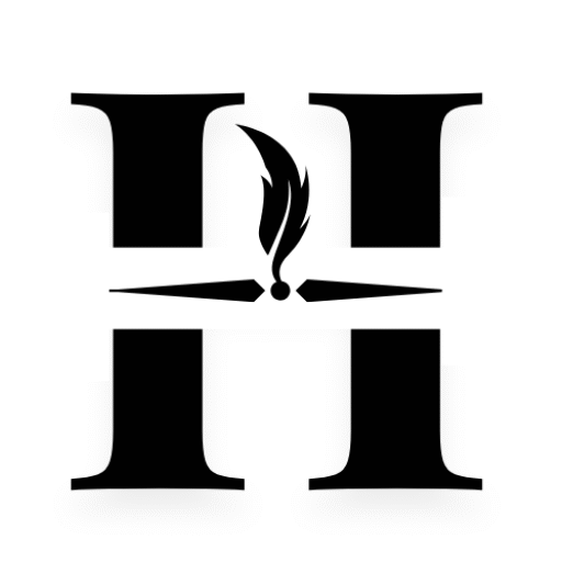 Halflines icon – stylized letter h divided by a line with a feather pen.