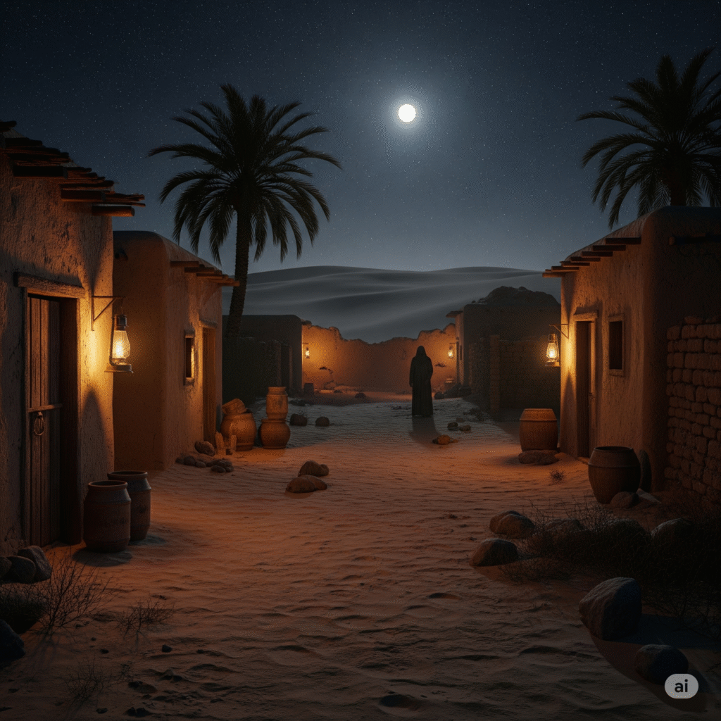 A hooded figure standing silently in a desert village at night under a starry sky, surrounded by mud-brick houses and drifting sand.