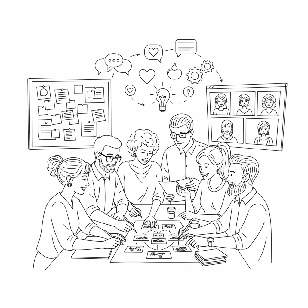 Hand-drawn sketch of creative team collaborating around a table with floating icons representing support and ideas.