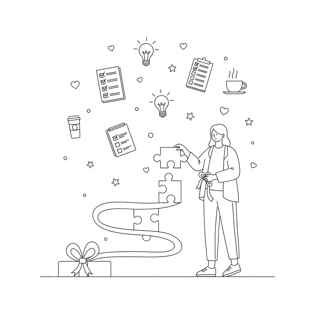 Thin line drawing of a person completing a creative project, placing the final piece with pride, surrounded by symbols of focus, perseverance, and success.