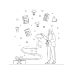 Thin line drawing of a person completing a creative project, placing the final piece with pride, surrounded by symbols of focus, perseverance, and success.