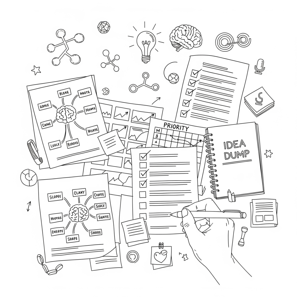Black-and-white line drawing of a creative desk with mind maps, checklists, a hand sketching, and floating idea symbols like a lightbulb and brain.