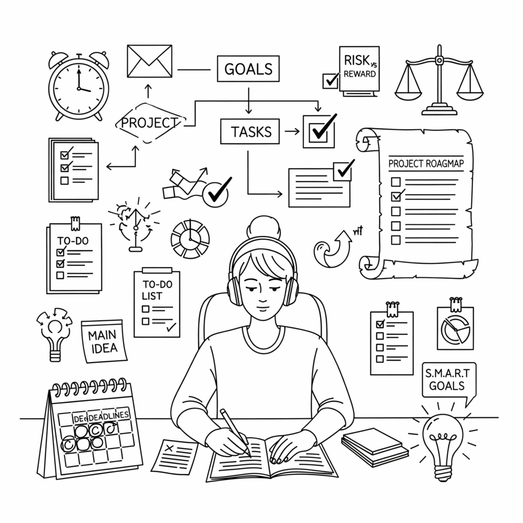 Thin line sketch of a creative workspace with project plans, task lists, SMART goals, and a flowchart connecting ideas and deadlines, symbolizing project prioritization and planning.