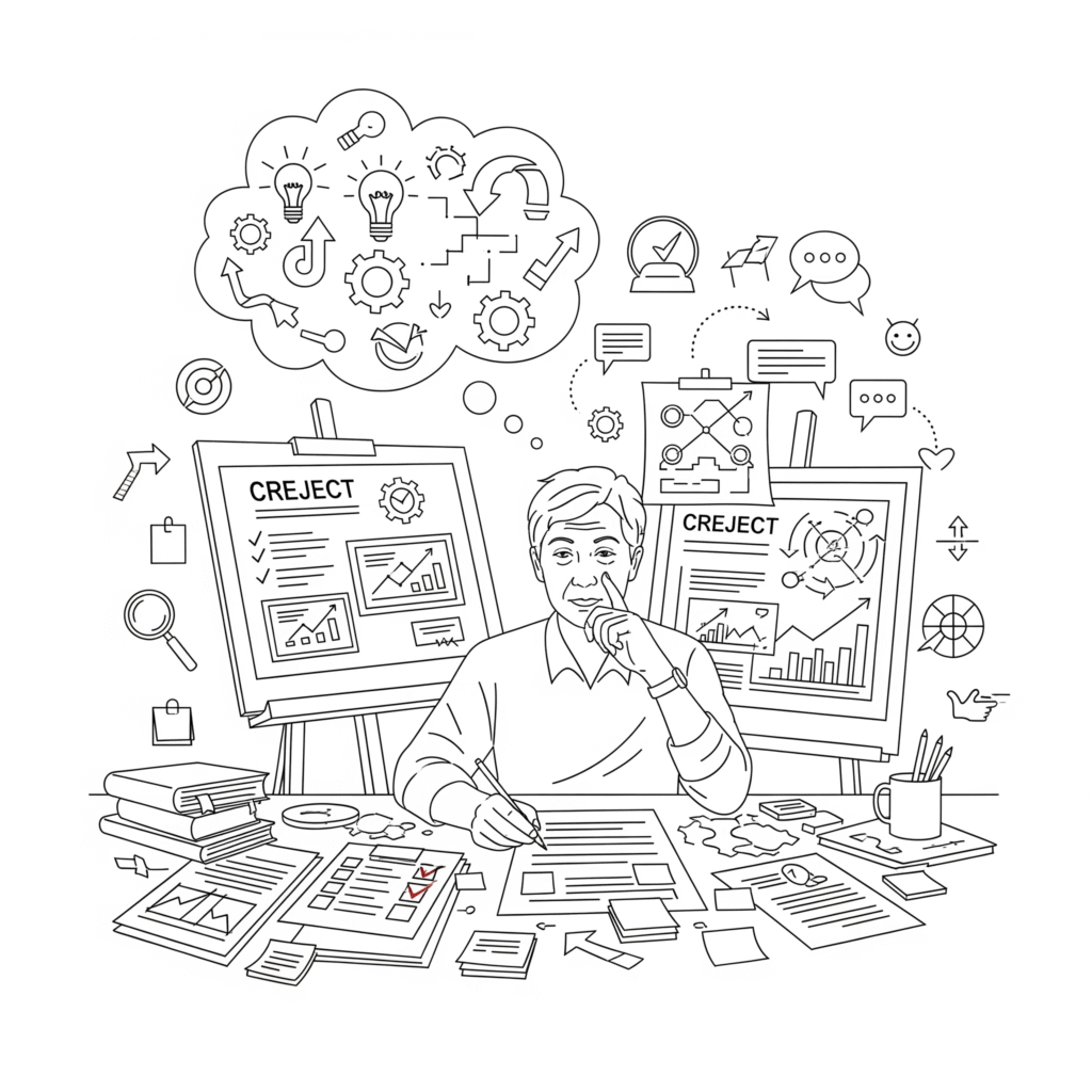 Thin line drawing of a person reflecting on a finished creative project while planning improvements, symbolizing iteration and continuous learning.