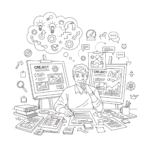 Thin line drawing of a person reflecting on a finished creative project while planning improvements, symbolizing iteration and continuous learning.