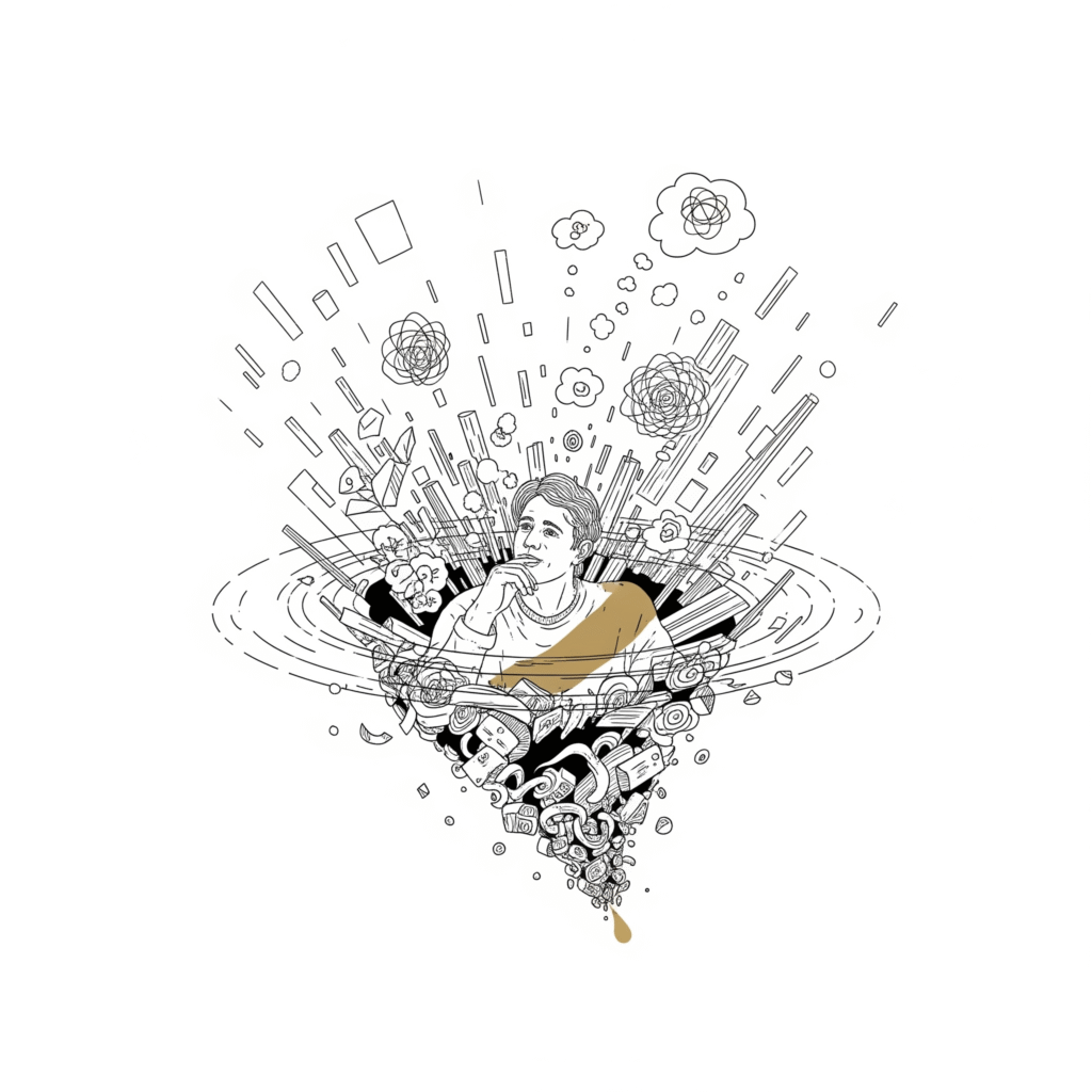 Fine line illustration of a contemplative person with swirling chaotic ideas transforming into organized elements around them, featuring subtle gold accents.