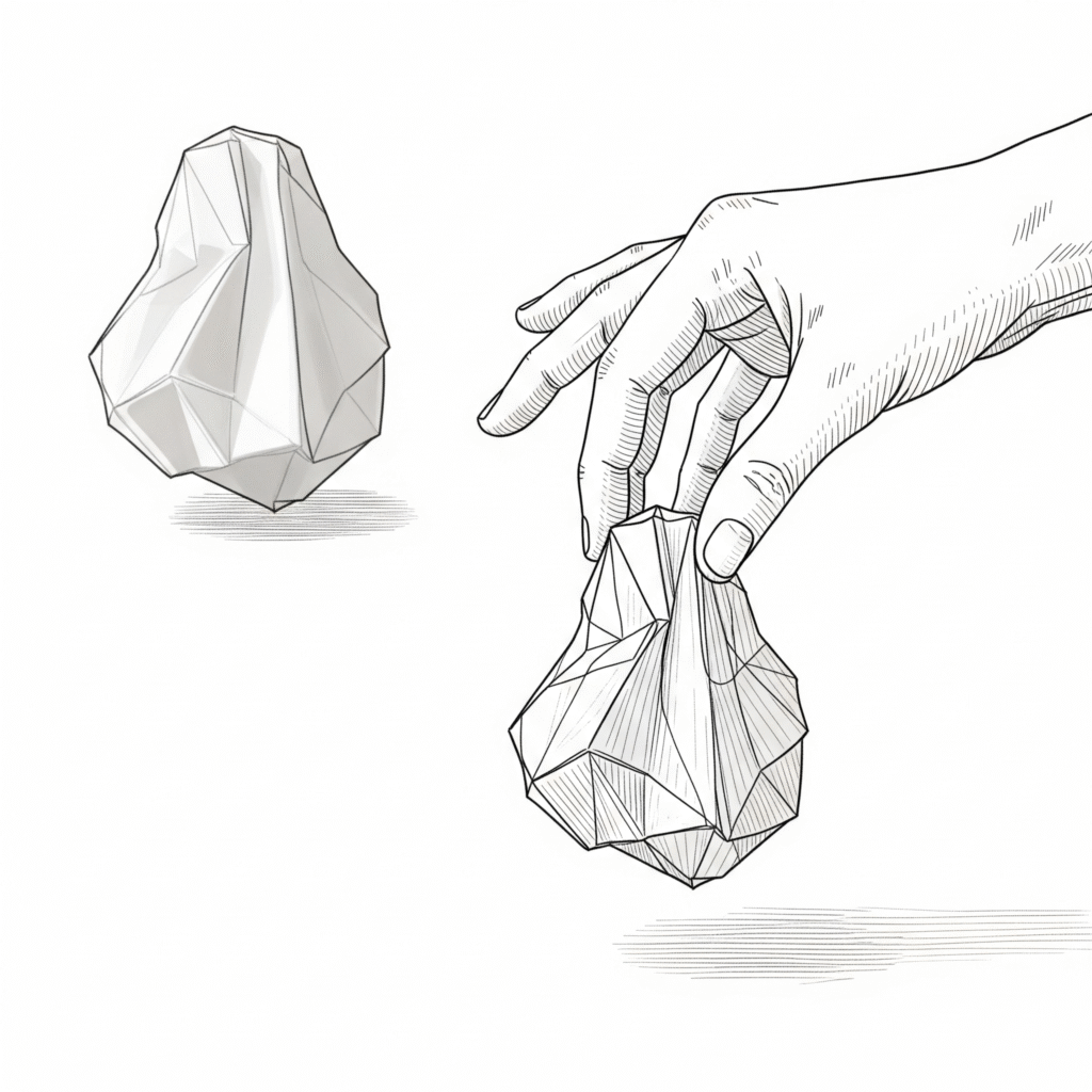 Fine line illustration of a hand gently holding a crumpled, yet beautifully formed, paper sculpture, with a pristine version fading in the background on a white background.