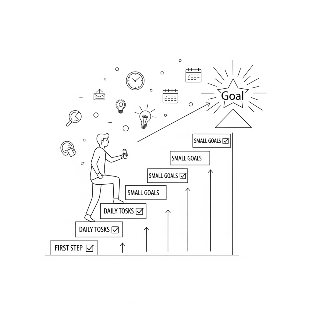 Thin line drawing of a person climbing a staircase labeled with daily tasks and goals, symbolizing taking action and steady progress toward success.