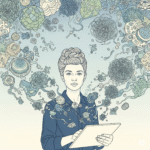 Fine line illustration of a woman looking forward confidently, surrounded by abstract, connected thought patterns and ideas in muted colors.