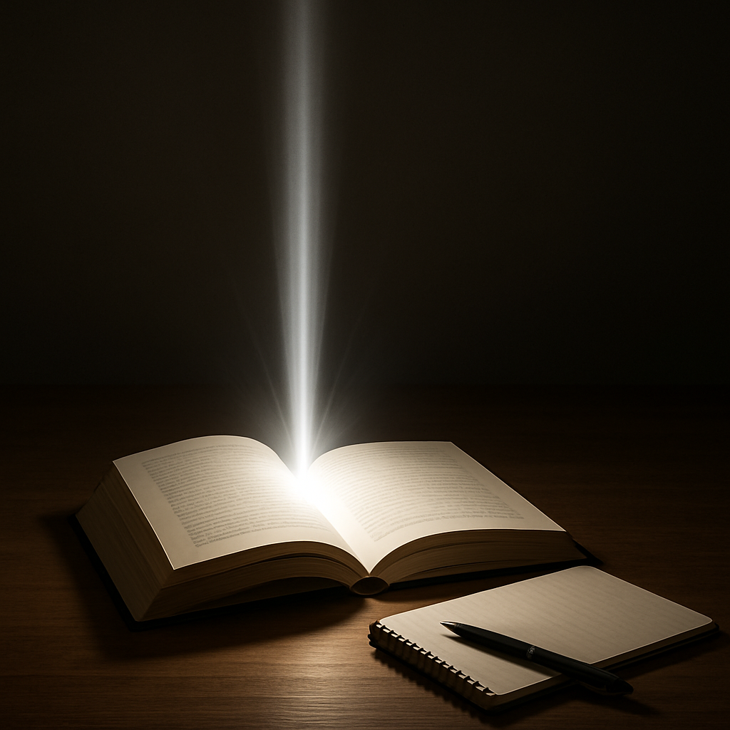 A beam of light shines from an open book, illuminating a pen and a blank notebook. This symbolizes how a book can spark a writer's next great idea.